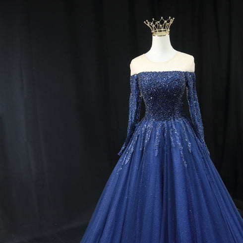 Gothic Navy Blue Off-Shoulder Wedding Dress - Designer Sequin Gown - Long Sleeve Wedding Dress Plus Size